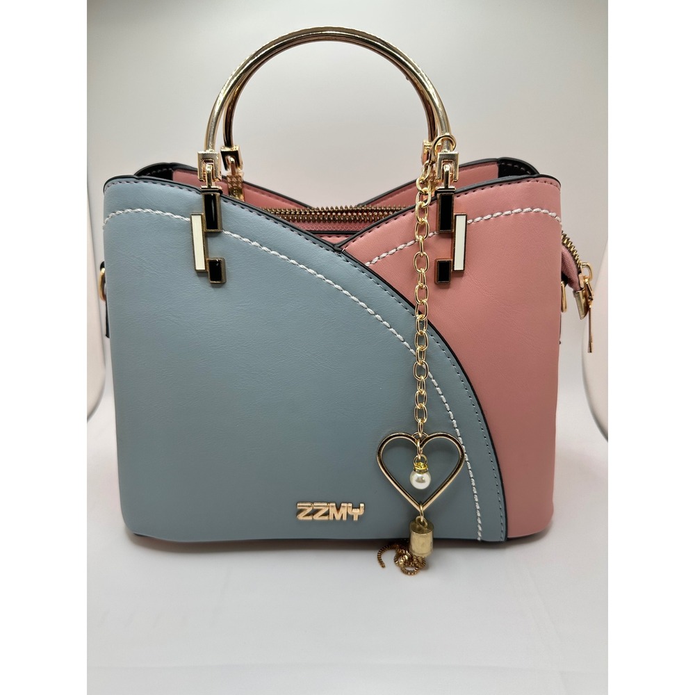 ZZMY Colorblock Satchel Handbag Pink Blue Gold Heart Charm Crossbody Strap